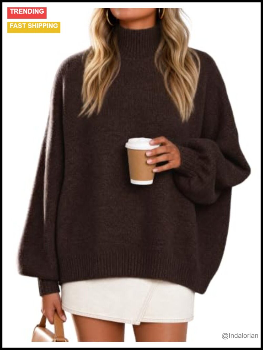 Oversized Turtleneck Sweater Fuzzy Knit Drop Shoulder Batwing Sleeve